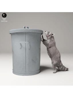Raccoon standing next to garbage