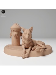 Coyote resting next to a fire hydrant