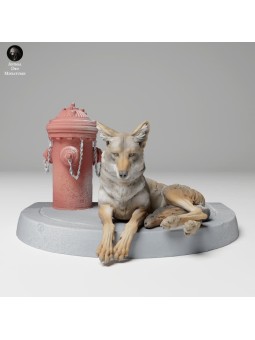 Coyote resting next to a fire hydrant