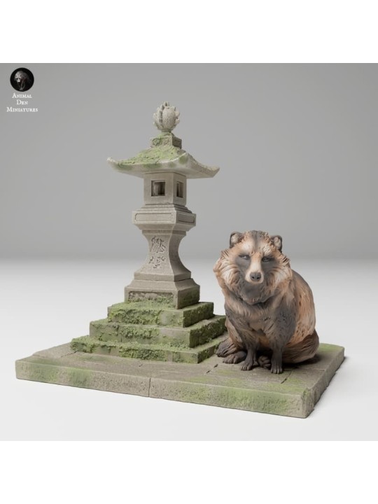 Tanuki next to pagoda lantern