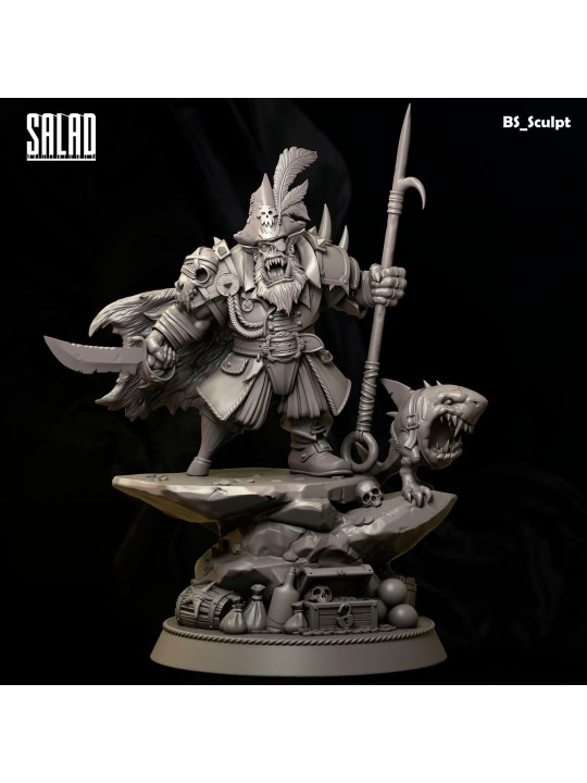 Ork Pirate Captain In 3D Resin – Customizable Miniature With Scenic Base
