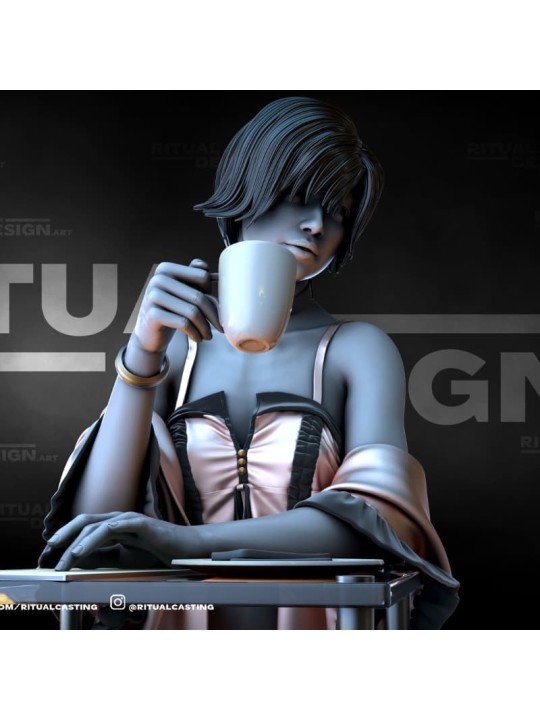Female Coffee Scene In 3D Resin – Elegant Miniature With Scenic Base