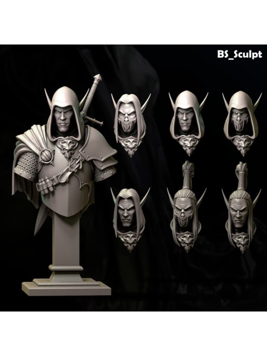 Busto Elfo Oscuro 65 Mm En Resina – Miniatura Con 6 Cabezas Intercambiables