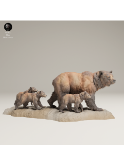 Grizzly Bear Family In 3D Resin – Miniature Scene With Cubs