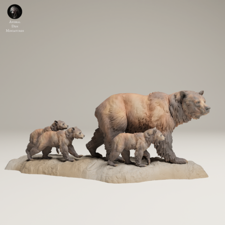 Familia De Osos Grizzly En Resina 3D – Miniatura Escénica Con Crías