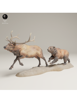 Oso Grizzly Cazando Alce – Escena Salvaje En Miniatura 3D Naturalista
