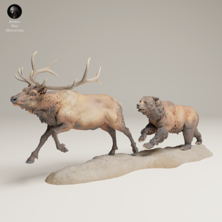 Oso Grizzly Cazando Alce – Escena Salvaje En Miniatura 3D Naturalista