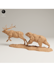 Oso Grizzly Cazando Alce – Escena Salvaje En Miniatura 3D Naturalista