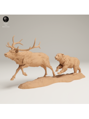 Oso Grizzly Cazando Alce – Escena Salvaje En Miniatura 3D Naturalista