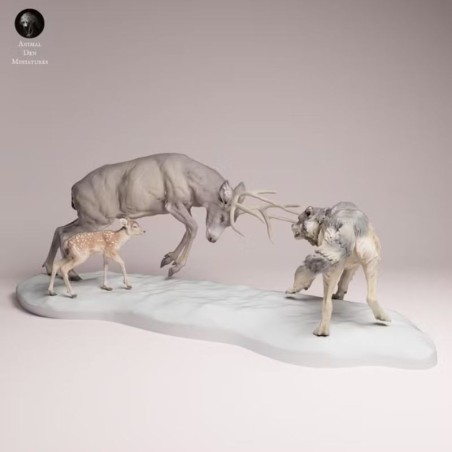 Ciervo Mulo vs Lobo Gris en Resina | Escena Naturalista de Fauna Norteamericana